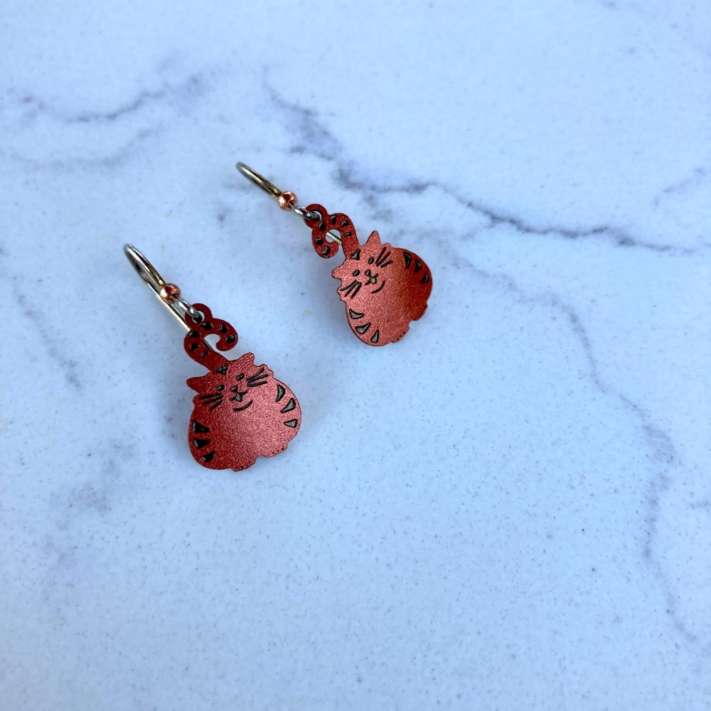 Kitty Cat Dangle Earrings Bronze Color